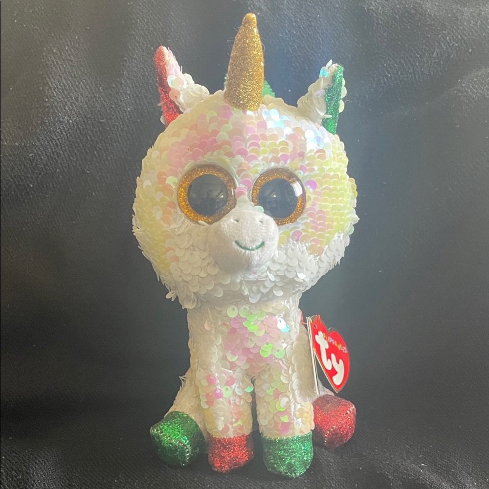 2019 Ty Sequin Unicorn Plush with Gold, Green, and Red Accents